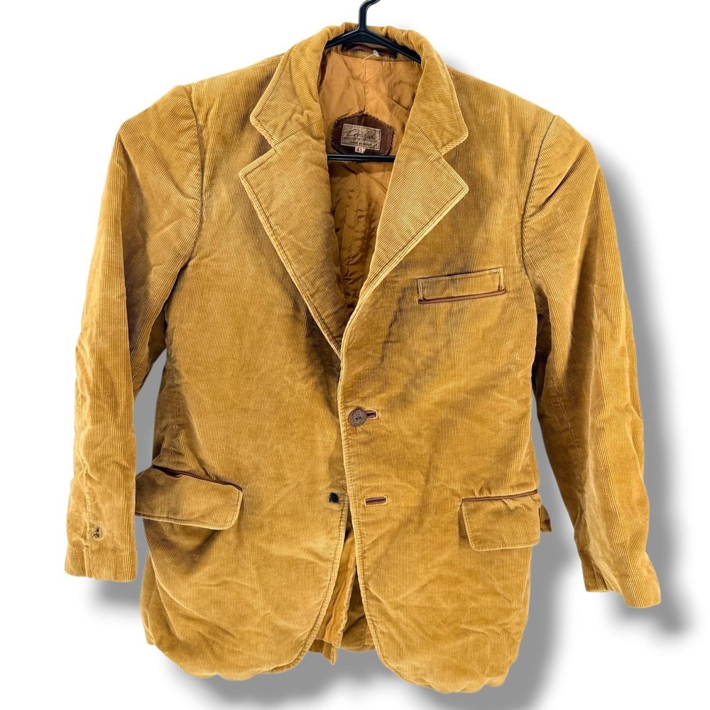 Vintage 70s Cortefiel Corduroy Blazer Mens 40-42 Tan Leather Trim Dark Academia